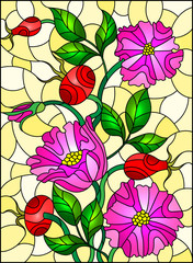 Illustration in stained glass style with flowers , berries and leaves of wild rose on yellow background