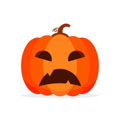 Orange Pumpkin Carved phantom/ Jack O Lantern isolated on white background. For decorate greeting card, poster, banner in halloween festival in october. flat design vector illustration. Funny icon