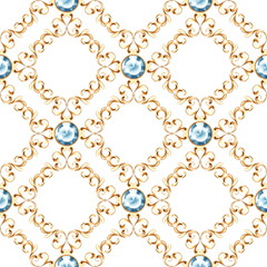 Seamless luxury golden pattern with blue gems