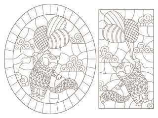 Set of contour illustrations with abstract cats,  dark contours on white background