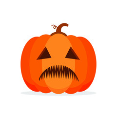 Orange Pumpkin Carved phantom/ Jack O Lantern isolated on white background. For decorate greeting card, poster, banner in halloween festival in october. flat design vector illustration. Funny icon