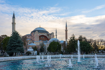 View of Hagia Sofia with fountain in Istanbul city, Turkey