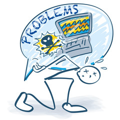 Strichmännchen mit einer großen Sprechblase, Problemen mit dem Computer und jeder Menge Fragen