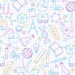 Seamless pattern on the theme of science and inventions, diagrams, charts, and equipment,a simple contour icons,painted with colored markers on a light background in a cage