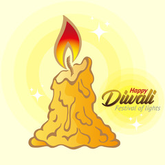 Square banner with a burning candle. Concept on the theme of the traditional celebration of Happy Diwali. Festival of Lights and Lights. Template for flyers, brochures and cards. Vector illustration