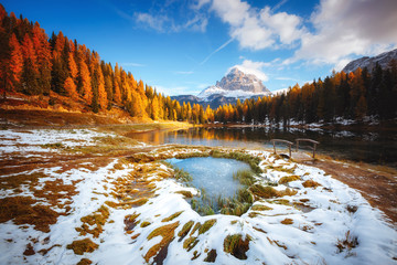 Scenic image of the lake Antorno in National Park Tre Cime di Lavaredo. Location Dolomiti alps, Italy, Europe.