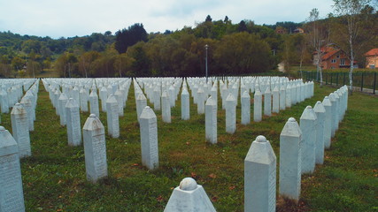 SREBRENICA, Potocari, Bosnia and Herzegovina Flying above the graves of murdered men and young boys...