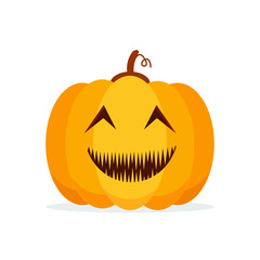 Orange Pumpkin Carved phantom/ Jack O Lantern isolated on white background. For decorate greeting card, poster, banner in halloween festival in october. flat design vector illustration. Funny icon