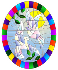 Illustration in stained glass style with a pair of white doves on the background of the daytime sky and clouds, oval picture in a bright frame