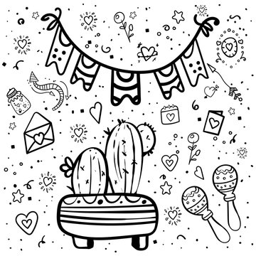 Mexican coloring Party Elements. Collection objects for Cinco de Mayo. Doodle elements. Heart, arrow, , star - Vector.