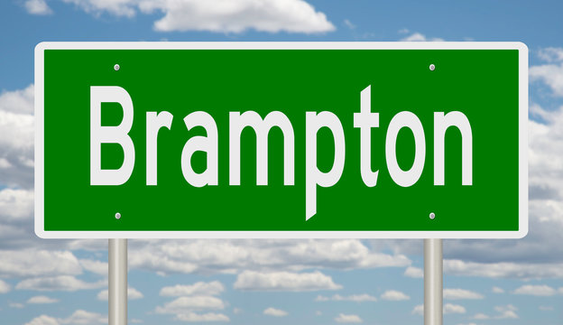 A 3d rendering of a green road sign for Brampton Ontario Canada