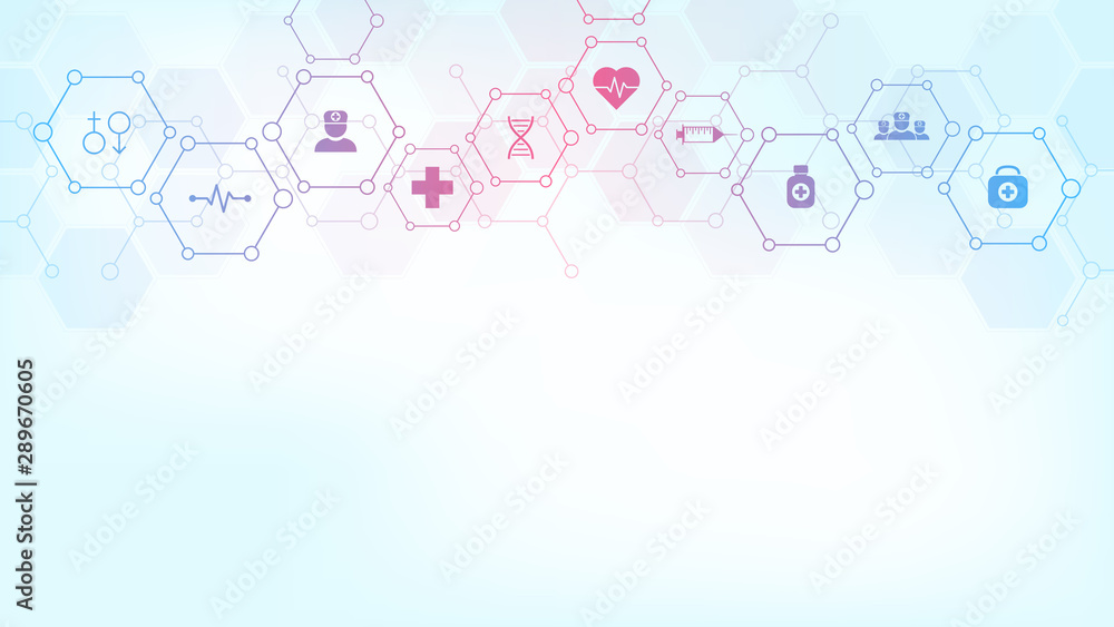 Poster Abstract medical background with flat icons and symbols. Template design with concept and idea for healthcare technology, innovation medicine, health, science and research. Vector illustration.