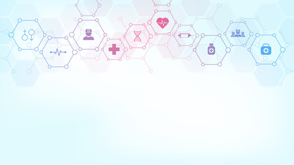 Abstract medical background with flat icons and symbols. Template design with concept and idea for healthcare technology, innovation medicine, health, science and research. Vector illustration.