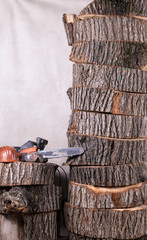 Professional electric saw close up, logging. Cutting down trees