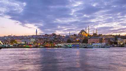 Fototapeta premium Twilight view of Istanbul port in Istanbul city, Turkey
