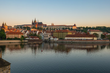 Fototapeta premium Vltava River and Prague city skyline in Czech Republic