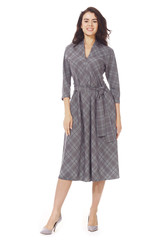 young caucasian business woman executive posing in official checkered dress dress