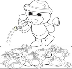 Mr.Purple bear is watering the pumpkin garden-Outline