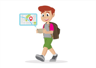 Boy holding smartphone with mobile gps navigation.