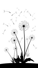 Vector Dandelion silhouette blowing dandelion flying aircraft has been decorated with black paint outdoors on a white background.