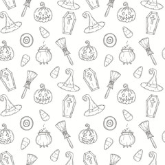 Seamless pattern with Halloween icons.  Pumpkin Jack, witch hat, broom, hat, sweets, candy roots, coffin, pot with potion in sketch style. For wallpaper, web page background