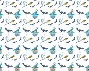 Watercolor Halloween seamless pattern. Hand painted magic symbols on white background. Cat, bat, broom, owl, wizard's hat. Holiday design.