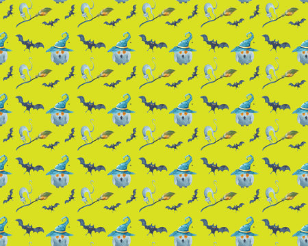 Watercolor Halloween seamless pattern. Hand painted magic symbols on green background. Cat, bat, broom, owl, wizard's hat. Holiday design.