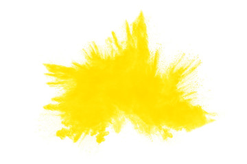 Abstract yellow powder explosion white on  background. Yellow dust particle splashing.