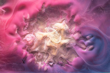Ink water splash. Mysterious alchemy. Magenta abstract fog. Creative art background.