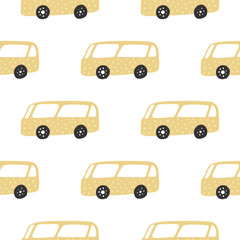 Yelow bus seamless pattern. Doodle cars vector illustration.