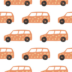 Yelow car seamless pattern. Doodle cars vector illustration.