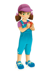 cartoon scene with young girl holding an apple in order to eat it on white background - illustration for children