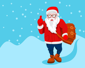 Modern Santa Claus vector illustration cool funny style character come with gift bag and thumb up. Happy New Year greeting card  design element. Cartoon Christmas decoration isolated.