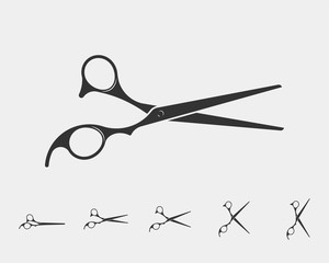 Set hair cut scissor icon. Scissors vector design element or logo template. Black and white silhouette isolated.