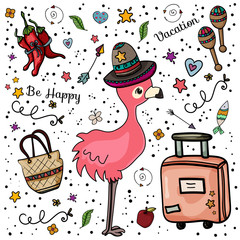 Set of colorful doodle on background. Doodles Design Elements tourism. Hygge and comfort. Cozy - Vector. Vector illustration