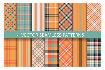 Set plaid pattern seamless. Tartan patterns fabric texture. Checkered geometric vector background. Scottish stripe blanket backdrop - obrazy, fototapety, plakaty