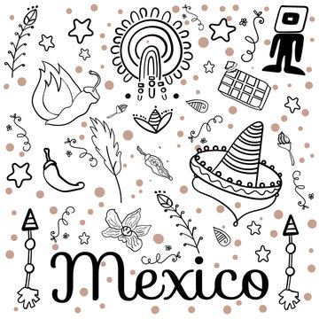 Set Mexican Party. Coloring page adult and kids. Mexican traditional holiday. Cinco de Mayo Mexican traditional fiesta and Mexico holiday. - Vector. Vector illustration