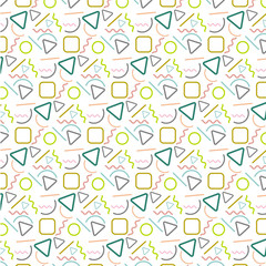 Seamless vector geometric hipster pastel pattern. Colorful triangles, circles, zigzag and squares on white background.