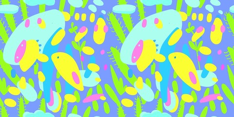 Vector seamless abstract pattern. Doodle animal pattern with colorful bugs and leaves. 