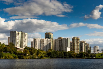 Obraz premium Residential houses and office buildings on the river bank. Moscow. Russia.