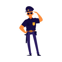 Cartoon policeman standing in salute pose, police officer character wearing blue uniform