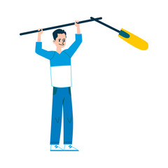 A young man boom and sound operator stands and holds a microphone while shooting a film, news.