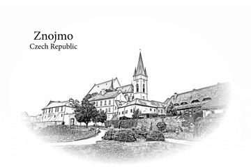 St. Nicholas' Deanery Church. Znojmo, Czech Republic - Vintage travel sketch.