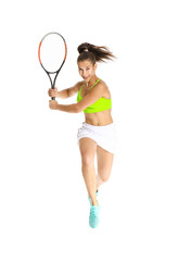 Obraz na płótnie Canvas Running female tennis player on white background