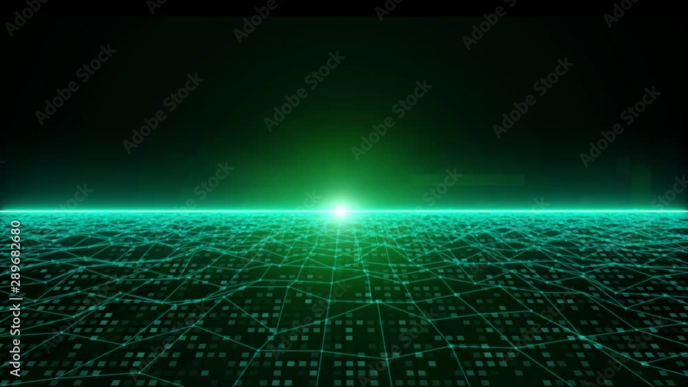 Leinwandbilder 4K Animation Abstract Wireframe Landscape Fly Through The Goal Idea Graphic Motion.  Glow Futuristic Geometric Structure Pattern 3D Rendering Seamless Loop Footage.