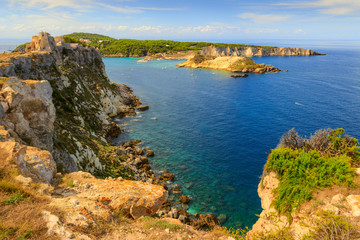 Obraz na płótnie Canvas The archipelago of Tremiti Island: view of San Domino island from the nearby San Nicola island, with the Abbey of Santa Maria a Mare fortified complex, (Apulia, Italy).
