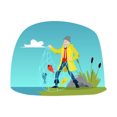 Fisherman with fishnet vector illustration on a background of river landscape.