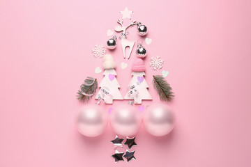 Beautiful composition with Christmas decor on color background