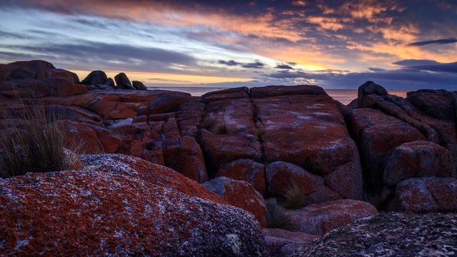 Sunrise at Cosy Corner North in Bay of fires Tasmania sunset time lapse 4k with orange lichen