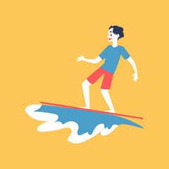 Man character surfing and sea or ocean wave flat vector illustration isolated.